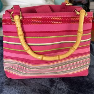 Tiannl Pink and Green faux bamboo Top Handle Bag